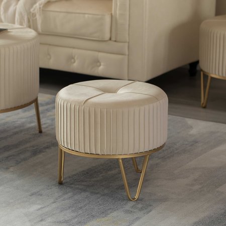 Fabulaxe Round Velvet Ottoman Stool Raised with Hairpin Gold Base, Cream, Small QI004324.CM.S